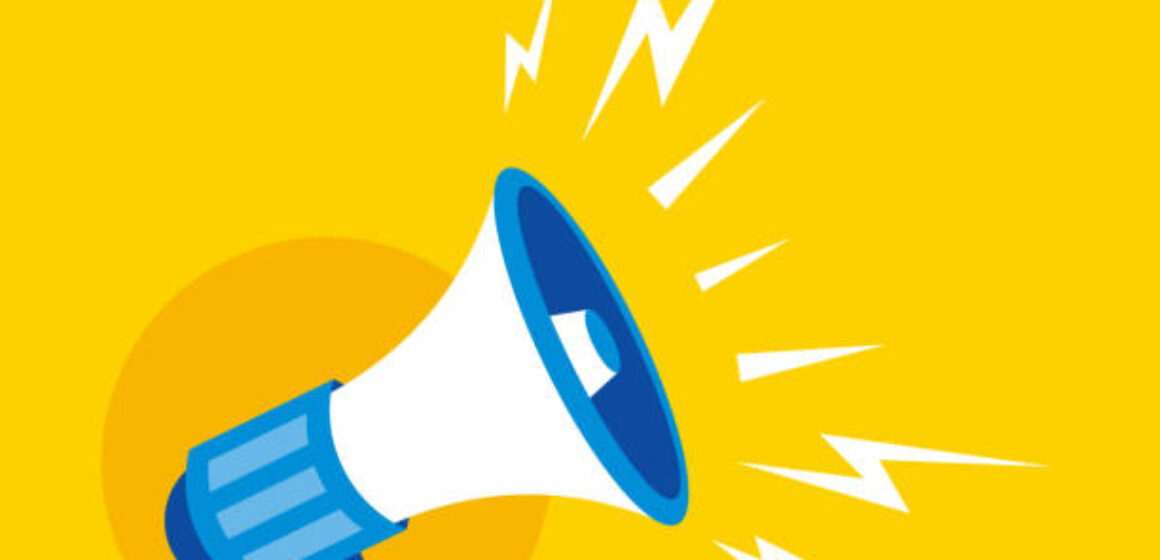 Simple Flat Blue Megaphone Illustration Design on Yellow Background
