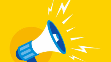 Simple Flat Blue Megaphone Illustration Design on Yellow Background